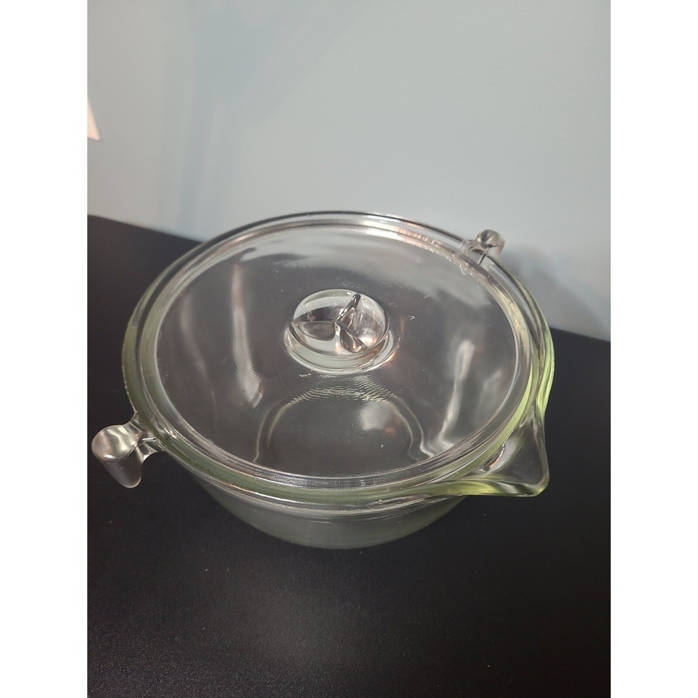 Refrigerator Bowl w Lid + Glass Handles Pour Spout Vintage‎ Clear Glass Round 9"